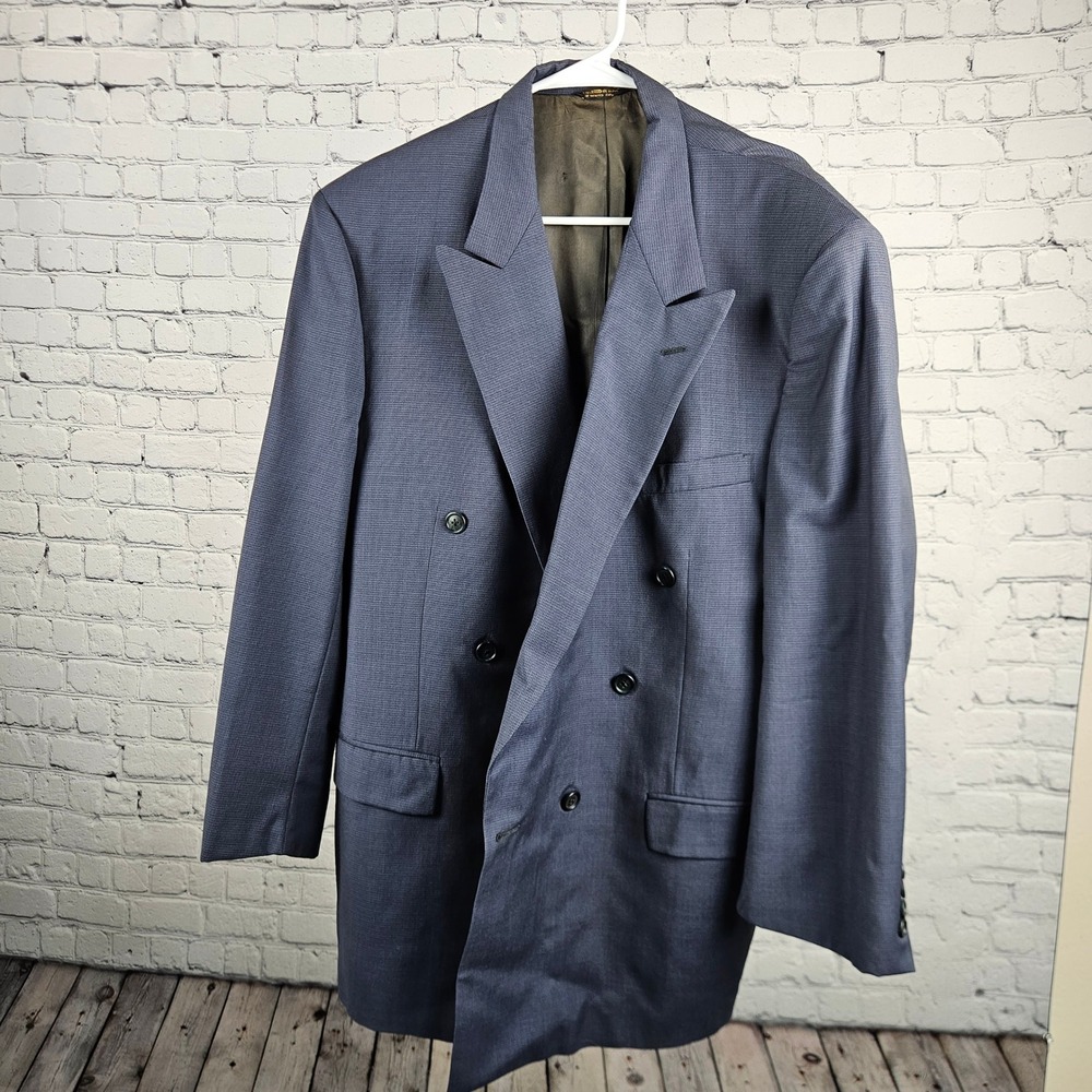 Austin Reed London Double Breasted Blazer Blue Pure Virgin Wool Peak Lapel USA